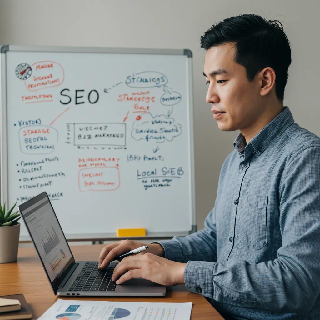 Digital marketing professional analyzing SEO data for local Dallas B2B growth