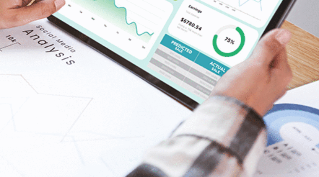 Person analyzing social media performance on tablet, displaying graphs and metrics related to digital marketing strategies and SEO optimization services.