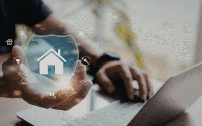 Person using a laptop with digital home security icons, illustrating digital marketing strategies for enhancing online presence.